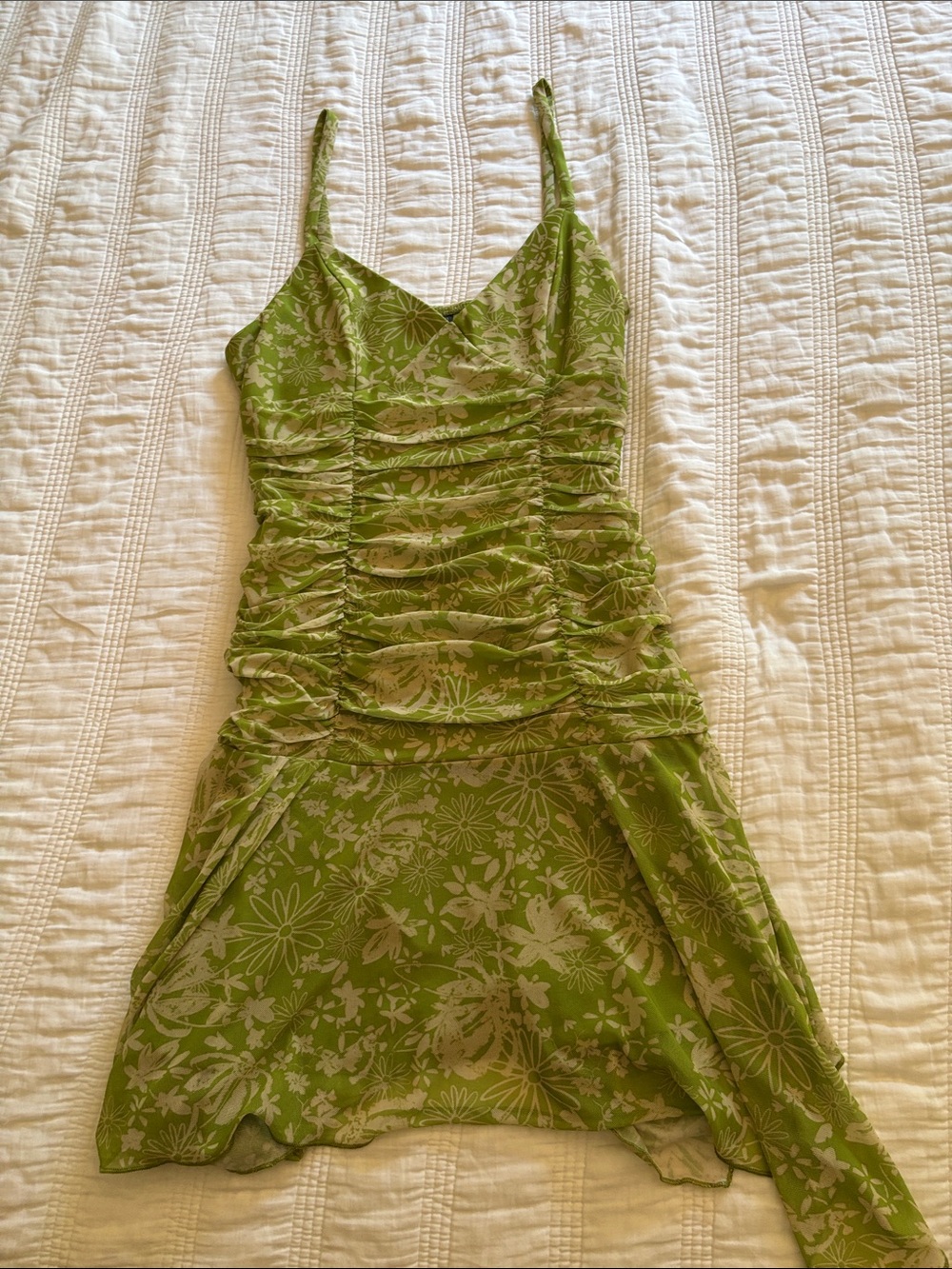 wild fable Green Floral Ruched Slip Dress with Spaghetti Straps